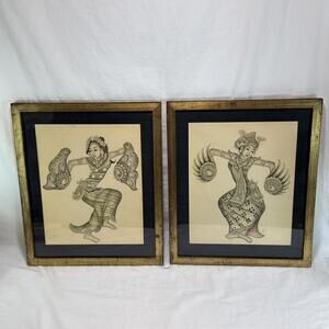 Bali Dancers Set Of 2 Balinese Dancers Art Drawing Wood Framed Vintage Tribal